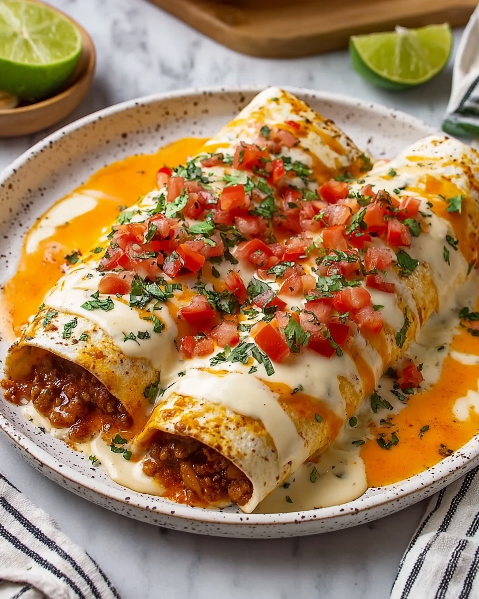 Two large rolled tortillas filled with ground meat and finely chopped vegetables sit side by side on a white speckled plate. The enchiladas are topped with a smooth, creamy white sauce that coats the tortillas and pools slightly at the bottom. Over the white sauce is a bright orange, slightly oily sauce that adds color and shine. On top, small diced red tomatoes and chopped green herbs are sprinkled evenly, adding fresh texture and color contrast. The plate rests on a white marbled surface with a lime cut in half and a striped cloth in the background. photo taken with an iphone --ar 4:5 --v 7