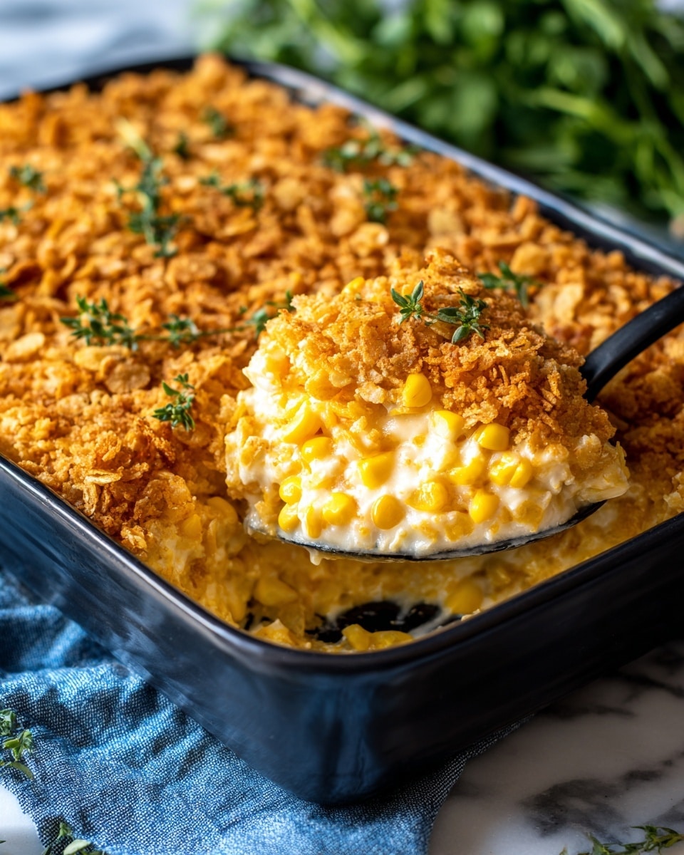 A close-up of a black rectangular baking dish filled with a creamy layered corn casserole. The bottom layer is soft and cheesy, light yellow in color, with bright yellow corn kernels scattered throughout. The top layer is a crunchy, golden brown crumb topping made of crushed crackers, adding texture and color contrast. A black spoon is scooping out some of the casserole from the corner, revealing all the layers. The dish sits on a white marbled surface with a blue cloth partially underneath, and some fresh green herbs are visible in the background. photo taken with an iphone --ar 4:5 --v 7