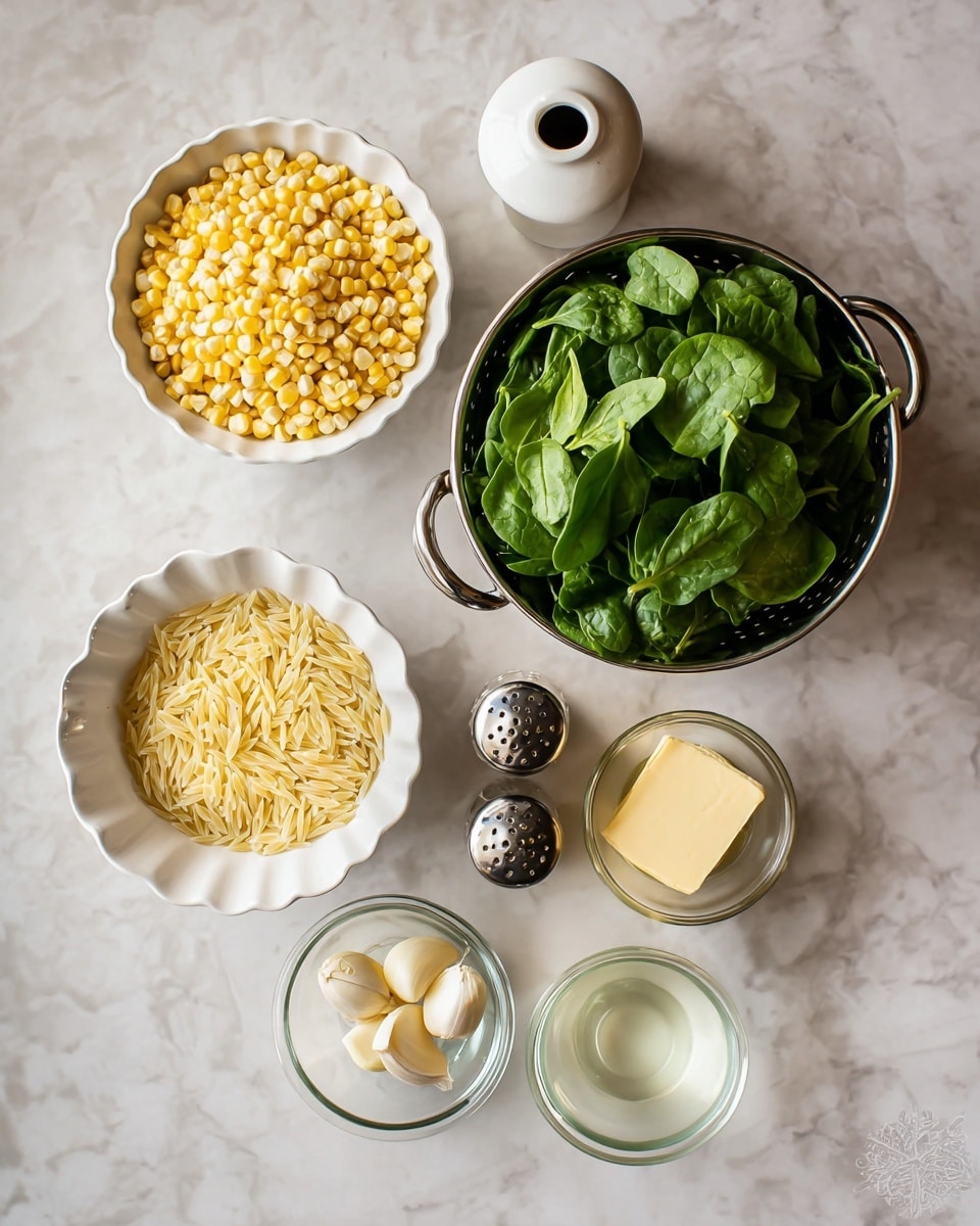 The image shows ingredients arranged on a white marbled surface. There is one white bowl filled with yellow corn kernels in the top left. Next to it on the right is a metal colander full of fresh green spinach leaves. Below the corn is a small white container with a hole on top, possibly for pouring. In the center is a white fluted bowl filled with uncooked pale yellow orzo pasta. To the right of the orzo are two silver shakers. Below the orzo is a small white bowl with six peeled garlic cloves. To the right of the garlic is a clear glass bowl holding a rectangular piece of light yellow butter. Below the butter is another clear glass container with a small amount of clear liquid. photo taken with an iphone --ar 4:5 --v 7