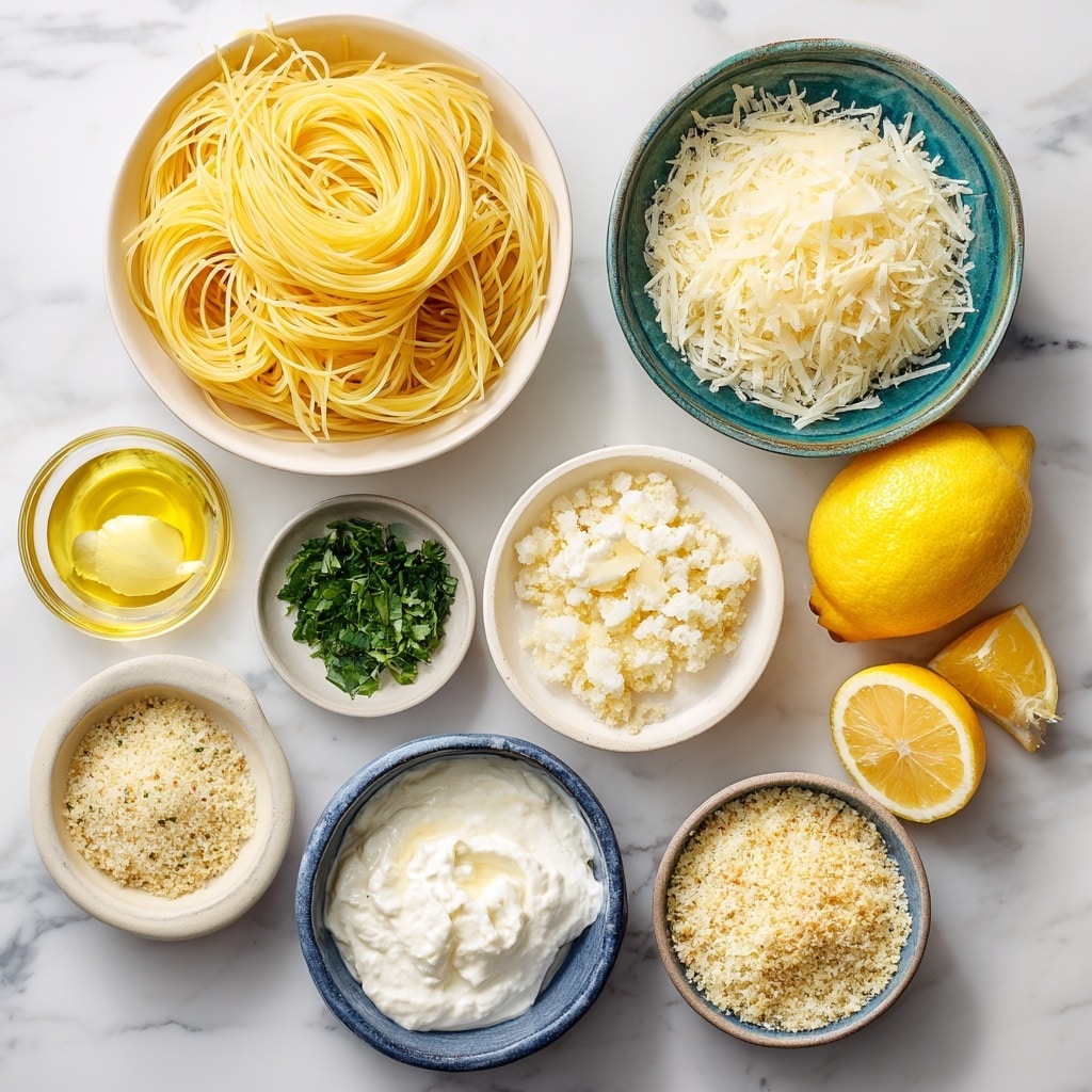 A white plate holds a round bed of light yellow spaghetti noodles arranged in a loose pile. On top, dollops of soft white cream are spaced evenly around the center, each dollop looking smooth and slightly shiny. Covering the cream and noodles is a thick layer of fine, crumb-like topping in warm golden brown shades, sprinkled heavily in the middle and thinning towards the edges. Small green herb leaves are scattered sparingly on top, adding a fresh touch. The plate is set on a surface with a white marbled texture. photo taken with an iphone --ar 4:5 --v 7