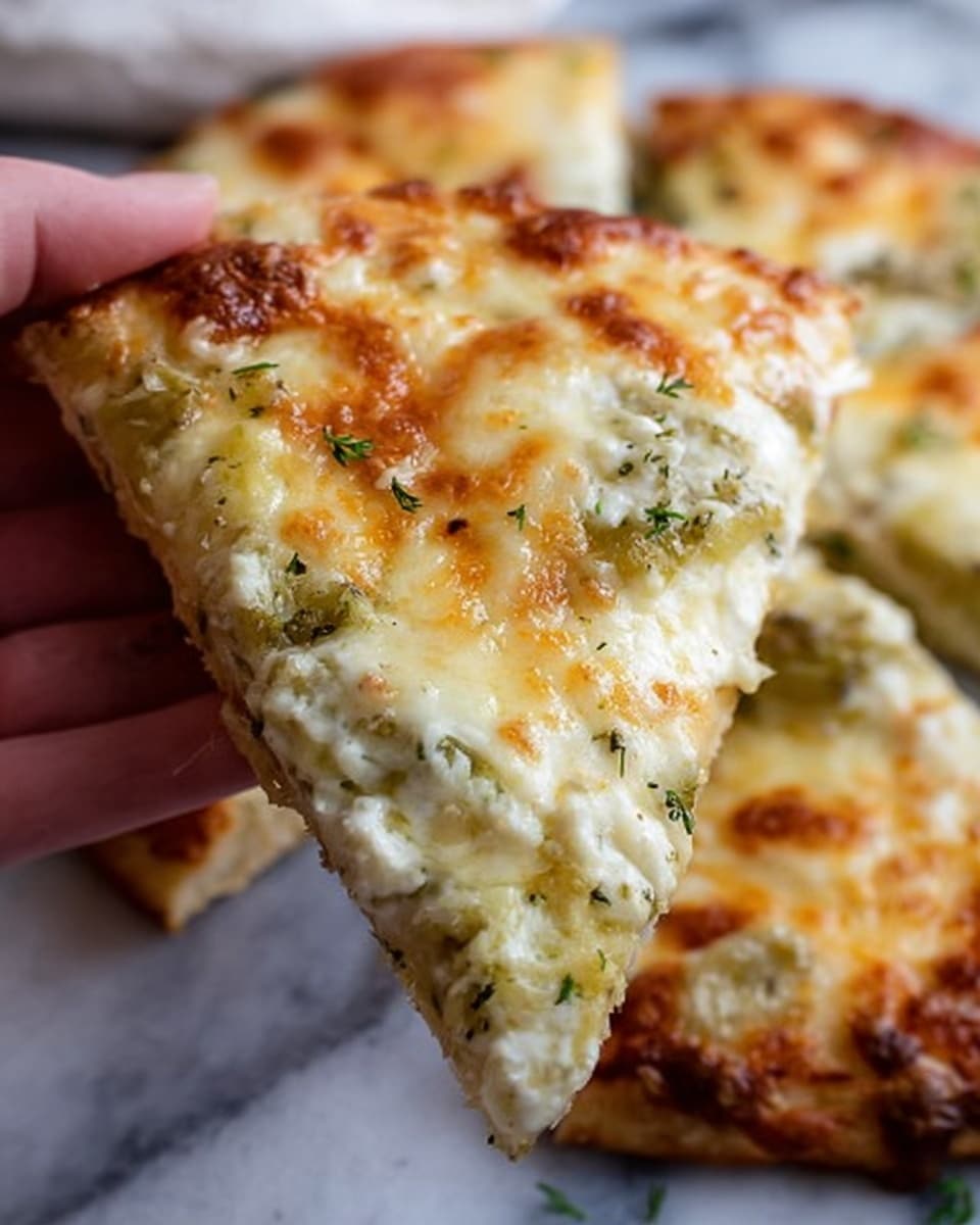 The image shows a close-up of a slice of creamy white pie with a golden brown melted cheese top layer. Below the cheese, there is a soft, light beige interior mixed with small green bits, probably herbs, giving it a speckled look. The pie slice rests on a brown paper on a white marbled surface. Nearby, there are small green pickle slices and some green herb sprigs that add fresh color. In the background, another piece of the same pie is partly visible. Photo taken with an iphone --ar 4:5 --v 7