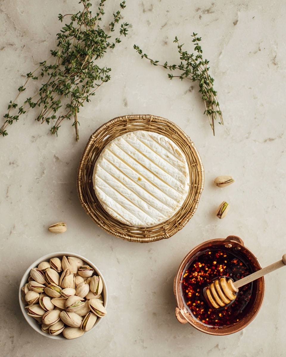 A round white cheese with vertical lines on its surface sits in a small round basket in the center of the white marbled surface. To the top right, a copper bowl filled with red chili oil, speckled with chili flakes, holds a wooden honey dipper. Two small bunches of green thyme sprigs are placed diagonally, one near the top left and another near the bottom right of the cheese. At the bottom left, there is a white bowl filled with light brown shelled pistachios. photo taken with an iphone --ar 4:5 --v 7