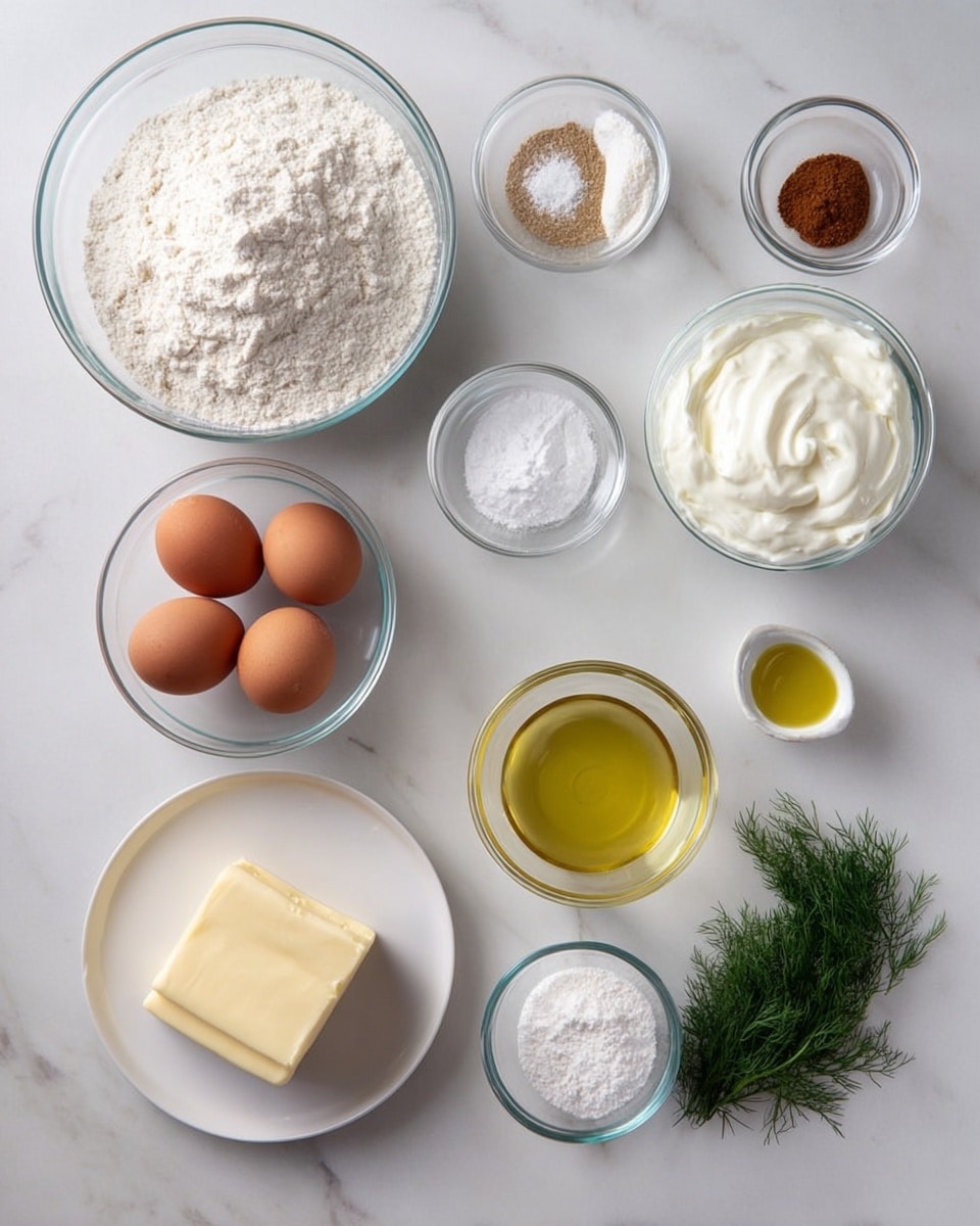 A white marbled surface with twelve small glass bowls and one white plate arranged neatly. The top left has a large glass bowl filled with white flour, next to two smaller glass bowls containing brown spice powder and white salt. Below, there are two medium glass bowls filled with thick white yogurt and sour cream. Three brown eggs sit in the middle. A white plate on the bottom left holds a square block of pale yellow butter. Next to it, two small white bowls contain light golden olive oil and a slightly darker yellow liquid. A small glass bowl on the bottom right has white powder, and another bowl near the middle right holds fresh green dill, all arranged in a clean, bright setting. Photo taken with an iphone --ar 4:5 --v 7