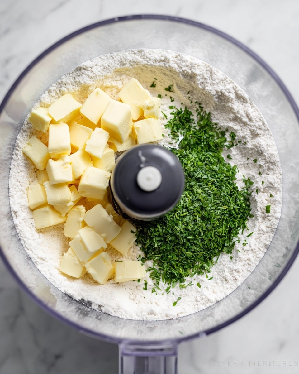 In a clear food processor bowl, there are three main layers of ingredients: a base layer of white flour spread evenly around the inside, a large pile of small yellow butter cubes clustered mostly at the front, and a bright green pile of chopped herbs positioned at the back. The flour has a soft, powdery texture covering the bottom, while the butter cubes have a smooth, solid texture. The herbs add a fresh, leafy look with their fine, chopped shape. The food processor's central black blade housing is visible in the middle, holding the layers together. The bowl sits on a white marbled surface. photo taken with an iphone --ar 4:5 --v 7