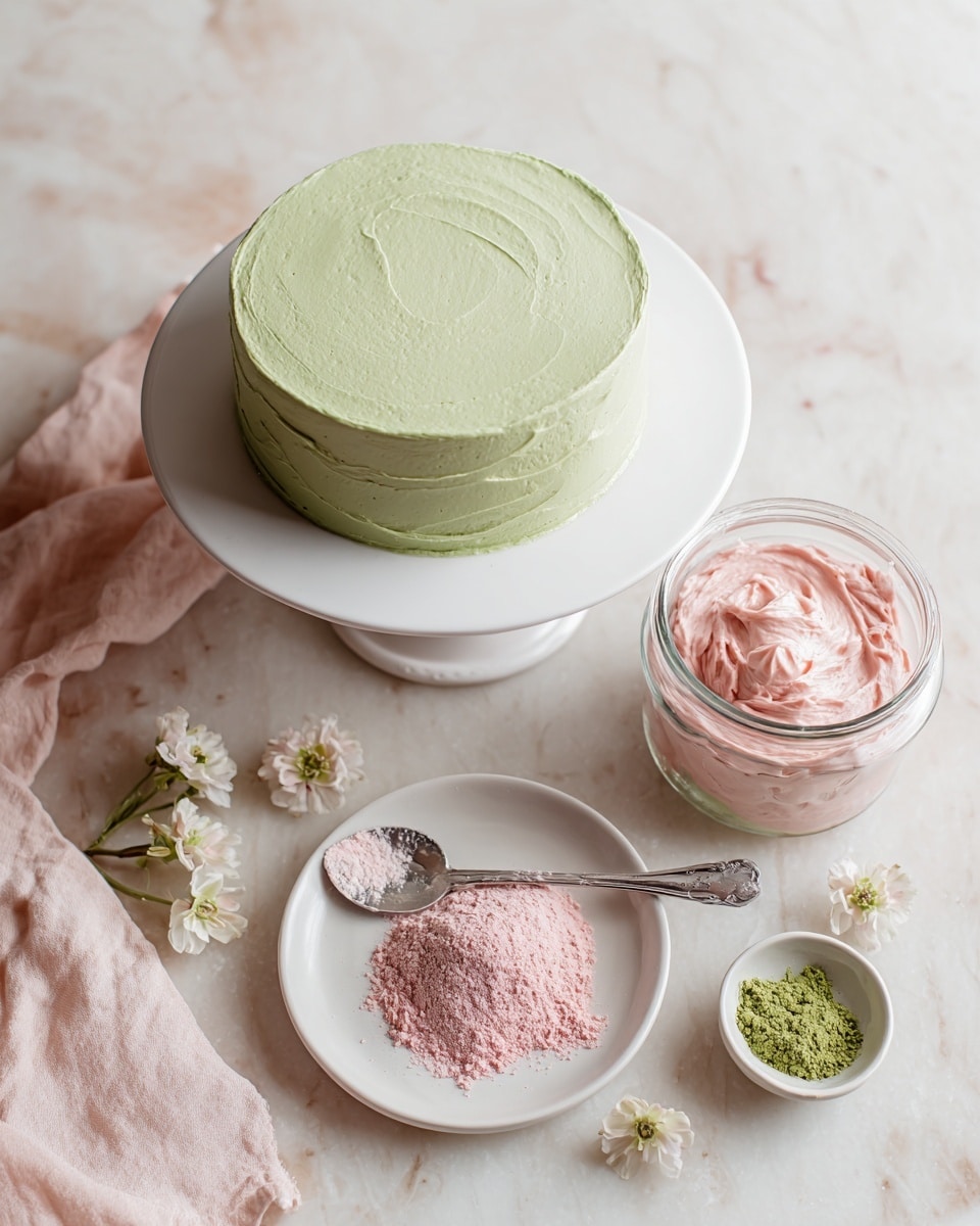 A round cake with smooth light pink frosting covering the whole surface. On top, there are eight evenly spaced swirls of the same pink frosting arranged in a circle near the edges, each decorated with a small dried pink flower and sprinkled with green crumbs that are also spread lightly in the center between the swirls. The cake sits on a white plate on a white marbled surface. A blurred ceramic cup and a cup of tea are visible near the cake. Photo taken with an iphone --ar 4:5 --v 7