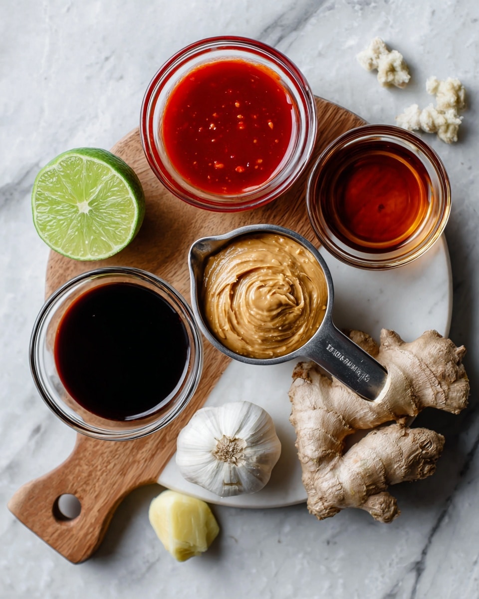 The image shows a white marbled surface with a small white cutting board on a wooden base. On the cutting board, there are six ingredients arranged neatly: a glass bowl with red sriracha sauce at the top, a metal measuring cup filled with creamy brown peanut butter in the center, a glass bowl with dark amber maple syrup on the right, a glass bowl of dark brown tamari sauce at the bottom left, a small clove of garlic next to a chunk of fresh ginger on the bottom right, and a whole lime with a lime half placed on the top left of the cutting board. Each ingredient is clearly separated and labeled with simple white tags. photo taken with an iphone --ar 4:5 --v 7