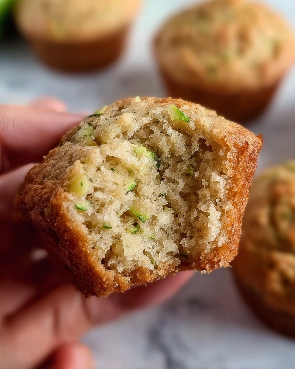 A close-up view shows a muffin held by a woman's hand, revealing its soft, light tan inside texture with small green bits scattered throughout, suggesting zucchini pieces. The muffin has a rough but moist crumb on the inside, with a slightly darker golden-brown crust at the bottom and edges. In the background, two more muffins with similar texture and color are shown out of focus on a white marbled surface. Photo taken with an iphone --ar 4:5 --v 7