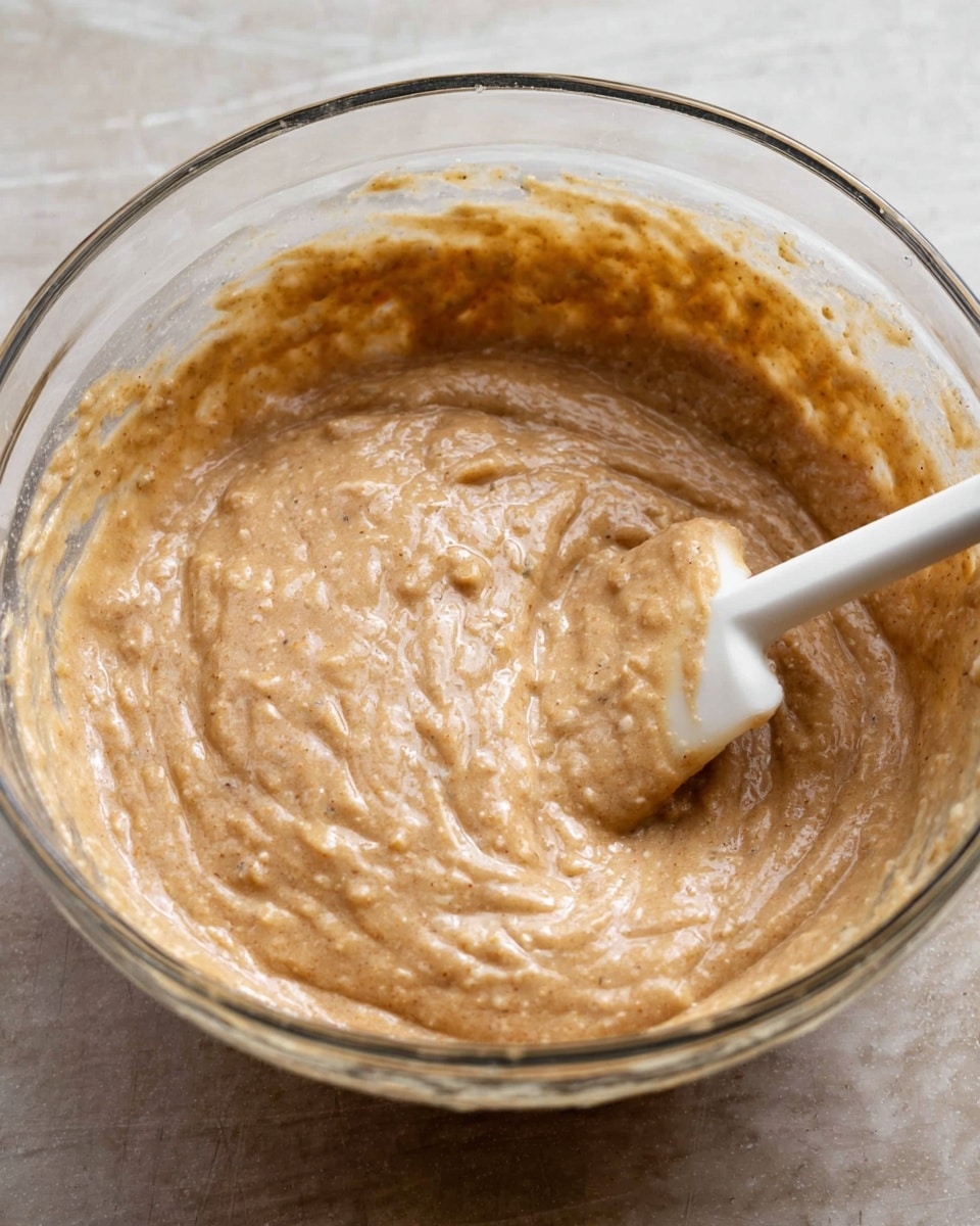 A clear glass bowl holds a thick, light brown batter with a slightly grainy texture, appearing well mixed but still with some small lumps visible. Inside the bowl, a white spatula stirs the batter, its flat surface partly covered in the mixture. The bowl sits on a white marbled surface, and the lighting softly highlights the moist, dense consistency of the batter, showing some spoon marks and swirl patterns throughout. photo taken with an iphone --ar 4:5 --v 7