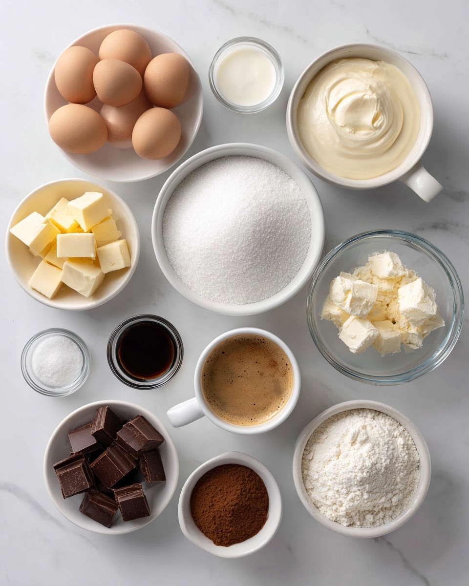 A collection of 14 white bowls and clear glass containers arranged neatly on a white marbled surface. The largest bowl in the center holds bright white granulated sugar. Above it, a clear bowl contains five light brown eggs. To the right, a medium white bowl is filled with smooth, off-white sour cream, and below it, a small white bowl holds a dark brown liquid labeled kahlua. On the top left, a small white bowl has evenly cut yellow butter cubes beside a clear bowl of clear melted butter. Below, a white bowl has thick chocolate chunks. In the bottom right, a large clear bowl holds fluffy, white castor sugar. Close to the other bowls, a cup of light brown espresso with a foamy top rests near small white bowls of cocoa powder, light brown espresso powder, and salt. A medium white bowl filled with white flour is at the bottom left. Near the top right, two small white bowls contain amber vanilla and white cream. The layout is clean and organized, with each ingredient clearly visible. photo taken with an iphone --ar 4:5 --v 7