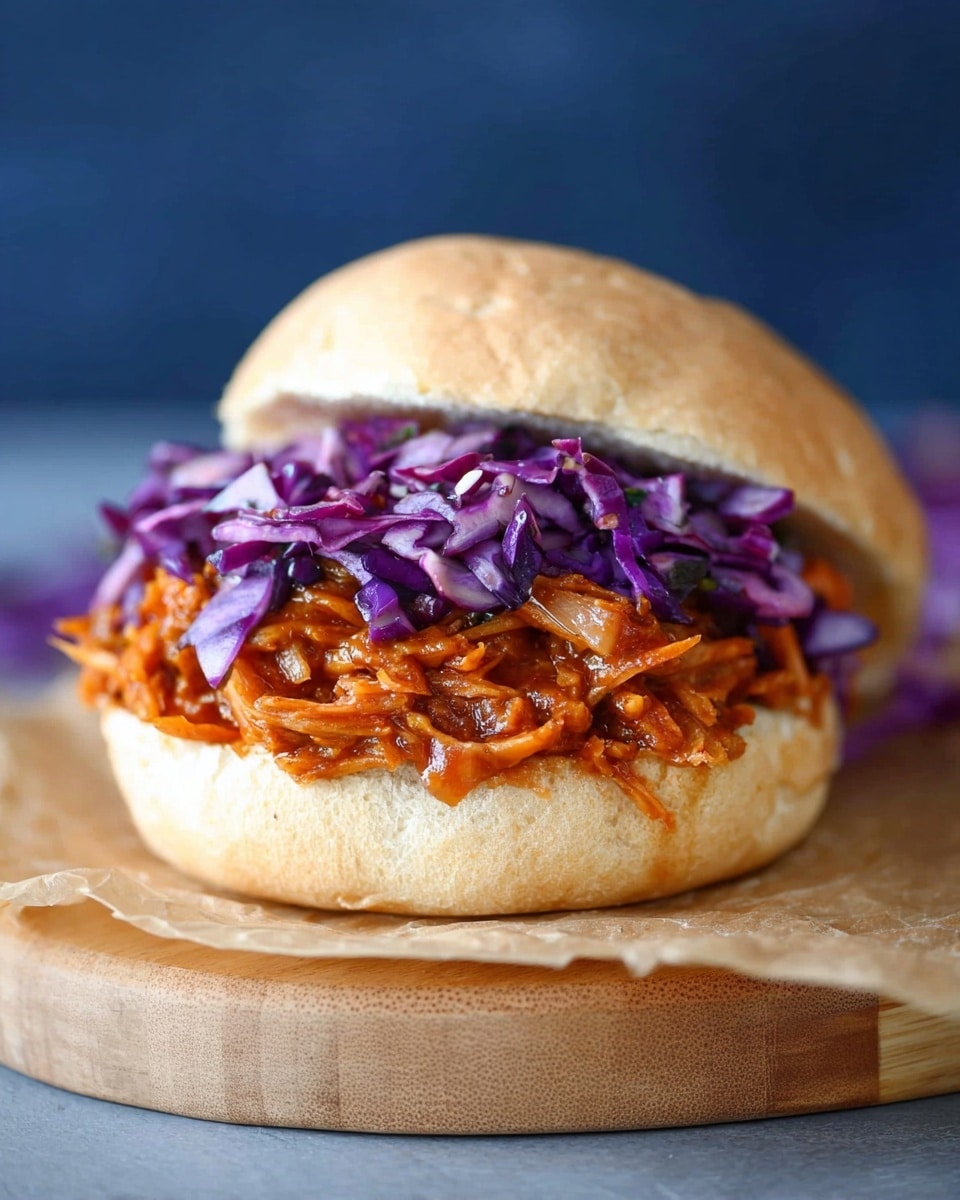 A close-up view of a sandwich with a soft, light brown bun that is slightly opened showing two layers inside. The bottom layer is a thick, orange-brown mixture of shredded vegetables in a sauce with visible pieces of onion. On top of that is a layer of roughly chopped purple cabbage adding a bright contrast. The sandwich sits on a piece of parchment on a wooden board with a blurred navy blue background. Photo taken with an iphone --ar 4:5 --v 7