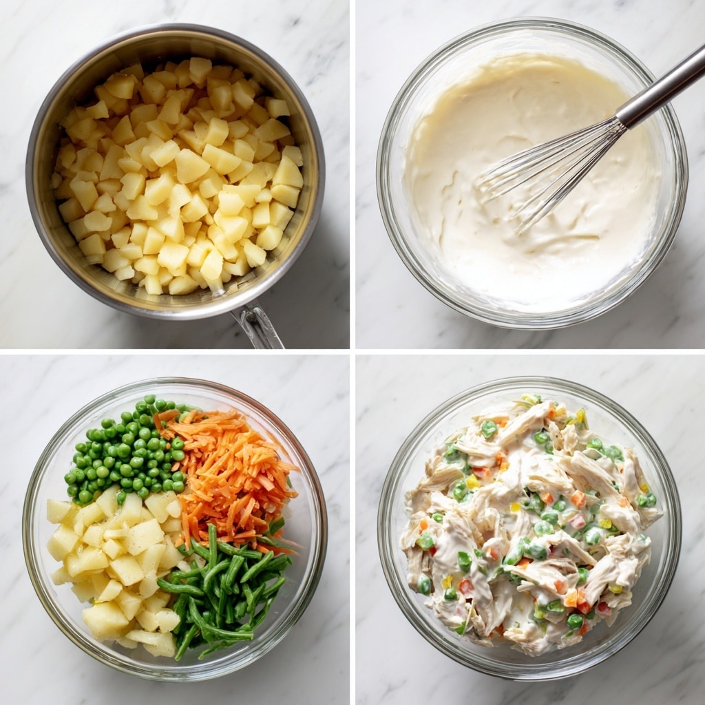 The image shows four steps of making a mixed salad, each in a separate square. First, there is a shiny metal pot filled with small, light yellow cubes of cooked potatoes. Second, a clear glass bowl contains thick, white creamy dressing being whisked with a silver whisk. Third, another clear glass bowl holds several fresh ingredients: shredded light beige chicken, green peas, small orange carrot cubes, green beans, chopped green onions, yellow potato cubes, and a thick dollop of white creamy dressing on top. Fourth, the same bowl shows the ingredients fully mixed into a colorful creamy salad with visible green, orange, yellow, and white pieces. The background surface in all four images is white marble. Photo taken with an iphone --ar 4:5 --v 7