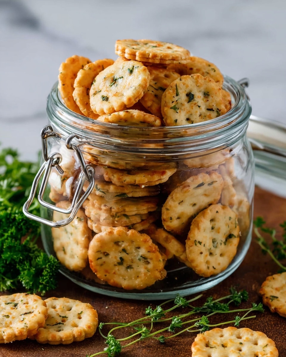 A clear glass jar filled to the top with small, round crackers that are golden brown with flecks of green herbs and slightly darker spots from baking. The crackers have a ridged edge and a smooth top with visible tiny herbs spread on them. Some crackers are stacked tightly inside the jar, showing their light, crisp texture. The jar has a metal latch clasp on its side. A few crackers lie outside the jar on a wooden surface with small bunches of green parsley around, set against a white marbled background. Photo taken with an iphone --ar 4:5 --v 7