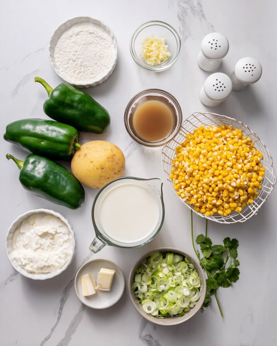 The image shows an overhead view of fresh ingredients arranged neatly on a white marbled surface. On the left side, there is a small round white ramekin filled with a white creamy substance, next to it a small glass bowl with minced garlic, and a small clear bowl with a pat of butter. Below these, there is a small white bowl with flour and nearby two glass measuring jugs, one filled with white milk and the other with a brown liquid, possibly broth. In the center-left, three large green poblano peppers and one yellow potato sit on a small white wire basket. Towards the top middle, a white bowl is filled with bright yellow corn kernels. On the right side, a grayish white bowl holds chopped light green and white vegetables, likely leeks or onions. Next to the bowl are white salt and pepper shakers and some green cilantro sprigs. The layout is clean and bright with everything spaced out evenly. Photo taken with an iphone --ar 4:5 --v 7