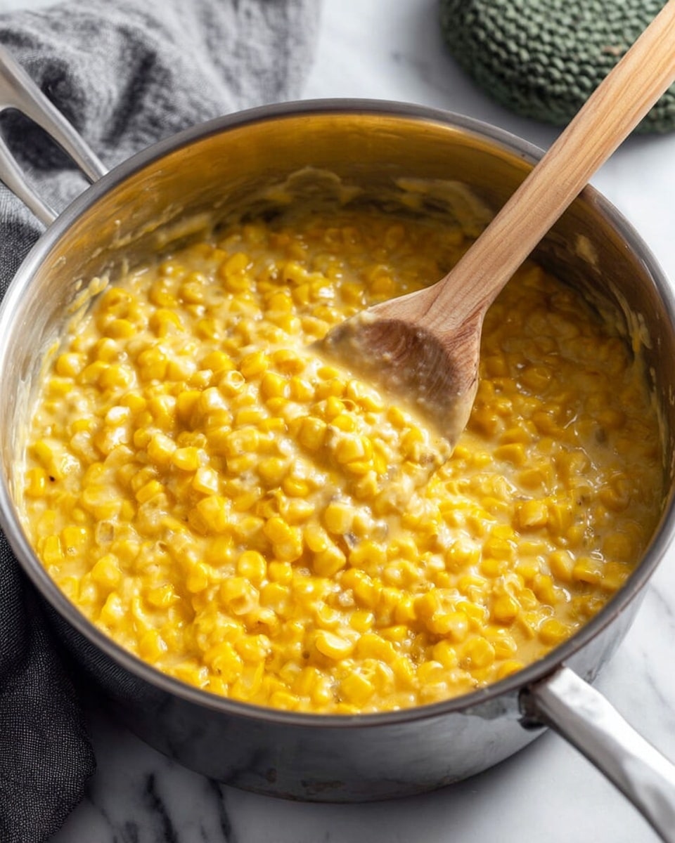 A close up view of a shiny stainless steel pot filled with creamy yellow corn mixture, showing whole corn kernels covered in thick, smooth yellow sauce with small bits mixed in. A wooden spoon with a light natural wood color is sticking into the pot, covered with the creamy corn, resting against the side. The pot is sitting on a white marbled surface with a grey cloth partially visible on the left and a green textured round object blurred in the background. Photo taken with an iphone --ar 4:5 --v 7
