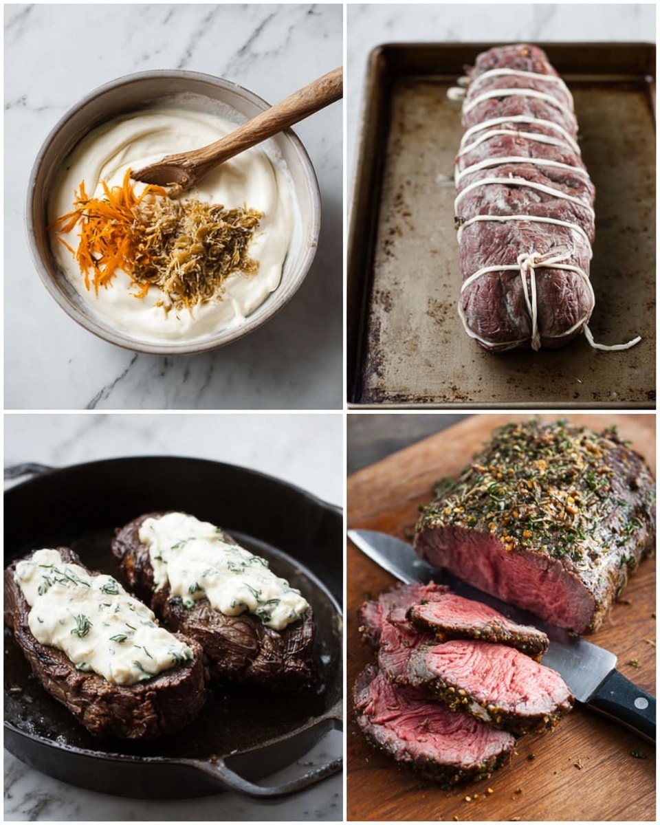 The image shows four scenes of cooking a beef tenderloin roast. The top left shows a white bowl with thick white cream mixed with brown mustard and orange shredded carrot, with a wooden spoon resting inside. The top right shows a whole raw beef tenderloin tied with white kitchen twine, resting on a metal tray. The bottom left shows two cooked beef tenderloin pieces in a black cast iron pan, each topped with a thick layer of creamy white sauce mixed with herbs. The bottom right shows the tenderloin after cooking, sliced on a wooden cutting board revealing a pink inside and dark browned outside crust sprinkled with herbs, while a knife cuts the roast. The background is a white marbled surface. Photo taken with an iphone --ar 4:5 --v 7