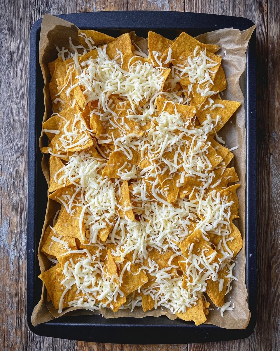 The dish shows a close-up of a layered nacho plate with crispy, light golden tortilla chips at the bottom, unevenly spread. On top, there are thick, melted, off-white cheese slices partly covering the chips, and a generous amount of dark brown shredded meat with a slightly crispy, textured look scattered over the cheese and chips, some pieces showing hints of red seasoning. The whole dish is placed on a white marbled surface and in a black tray, giving a warm and rustic feel. photo taken with an iphone --ar 4:5 --v 7