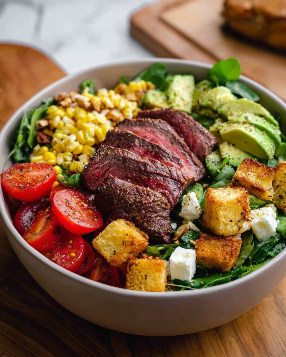 A deep white bowl holds a vibrant salad with several layers, starting with a bed of lush green leafy vegetables at the bottom. On top, there are slices of medium-rare steak, arranged neatly in the center with a pinkish interior and a dark, cooked edge. Around the steak are bright yellow corn kernels and chunks of golden brown crispy croutons. Juicy red tomato wedges are placed evenly around the bowl, with some pieces of creamy white cheese scattered throughout. Fresh green avocado chunks sit on one side, lightly sprinkled with black pepper. Chopped nuts are sprinkled over the steak slices and other ingredients, adding texture. The bowl is set on a warm wood table with a white marbled background. Photo taken with an iphone --ar 4:5 --v 7