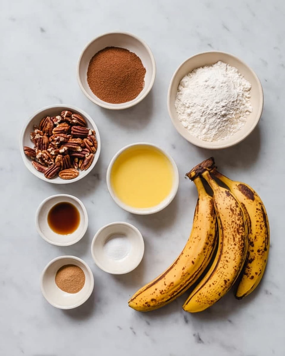 The image shows several small white bowls arranged neatly on a white marbled surface. At the top right is a bowl filled with white flour, and next to it on the left is a bowl with brown cinnamon powder. Beside the cinnamon is a bowl filled with chopped pecans. In the center is a bowl with melted yellow butter. Below and around these are smaller white bowls containing a light brown spice, a white powder, and a thick brown sauce. At the bottom left corner are three small empty white bowls. To the right side of the bowls, four ripe bananas with brown spots lie close together on the white marbled surface. Photo taken with an iphone --ar 4:5 --v 7