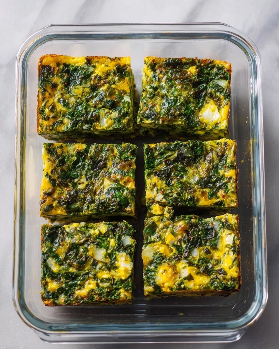 The image shows six square pieces of a green and yellow baked vegetable dish placed neatly in a clear glass rectangular container. The top layer has a mix of chopped leafy greens with a textured look, combined with bits of yellow from cooked eggs or cheese, giving a slightly uneven surface. The pieces are evenly cut and arranged in two rows of three. The container sits on a white marbled surface. Photo taken with an iphone --ar 4:5 --v 7