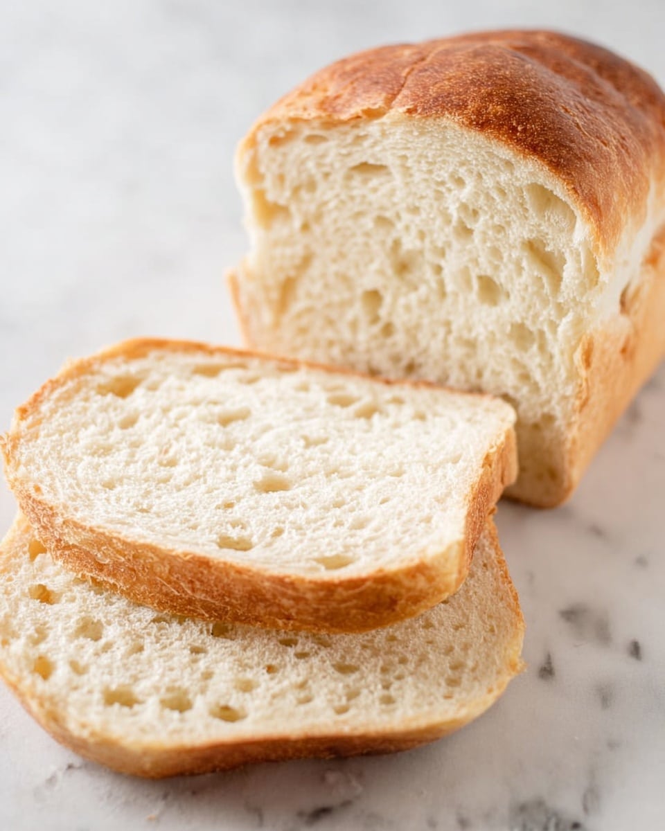The image shows two loaves of soft bread on a wooden cutting board with some flour dusted on it. One loaf is whole, with a golden brown crust and a smooth, slightly wrinkled top. The other loaf is sliced in half, showing the inside texture which is light cream in color and airy with small holes. The bread crust has a light dusting of flour on top. The scene is set on a white marbled surface with a white cloth partially visible on the side. Photo taken with an iphone --ar 4:5 --v 7