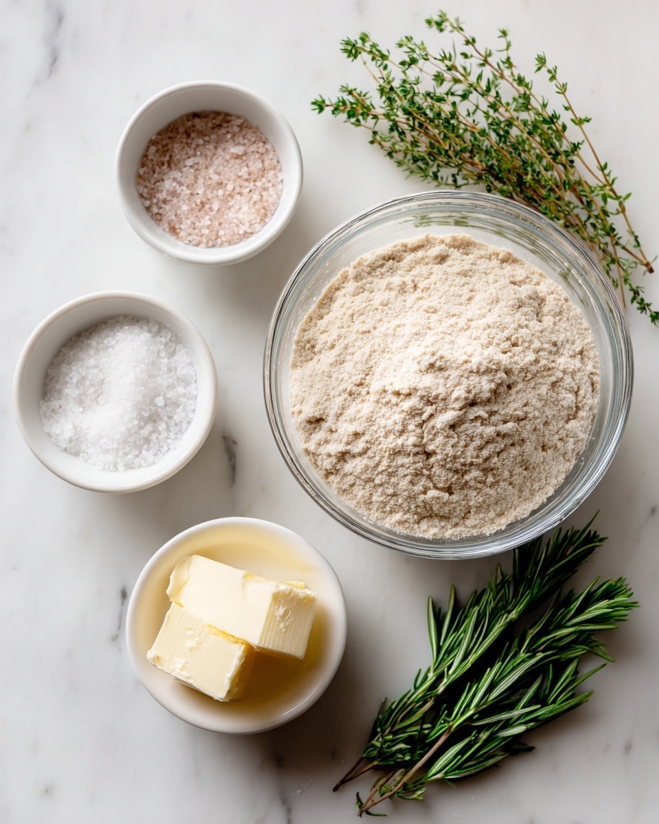 A clear glass bowl filled with light beige sourdough starter with a bubbly texture sits on a white marbled surface. Nearby, a small white bowl holds some salt with a slightly pink tone. A small white bowl contains a soft, pale yellow lump of butter. A small white bowl is filled with flaky sea salt, which looks coarse and bright white. A few sprigs of fresh green rosemary and fresh thyme lie beside the bowls. The overall arrangement is neat and spaced out on the white marbled surface. photo taken with an iphone --ar 4:5 --v 7