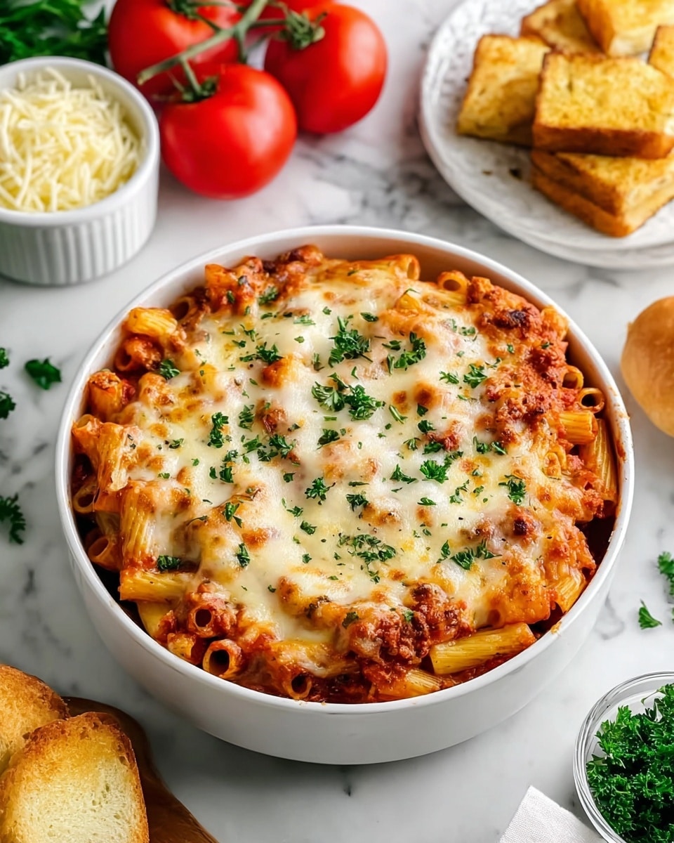 A white round bowl filled with baked rigatoni pasta, showing three layers: the bottom layer is rigatoni covered in rich red tomato sauce with bits of meat, the middle layer is a thick spread of melted golden brown cheese mixed with sauce, and the top layer is more melted cheese with fresh green parsley sprinkled on top, creating a colorful contrast. The bowl is placed on a white marbled surface, surrounded by fresh tomatoes on the vine, a bowl of shredded cheese, some green herbs, and golden pieces of toasted bread on a white plate. photo taken with an iphone --ar 4:5 --v 7