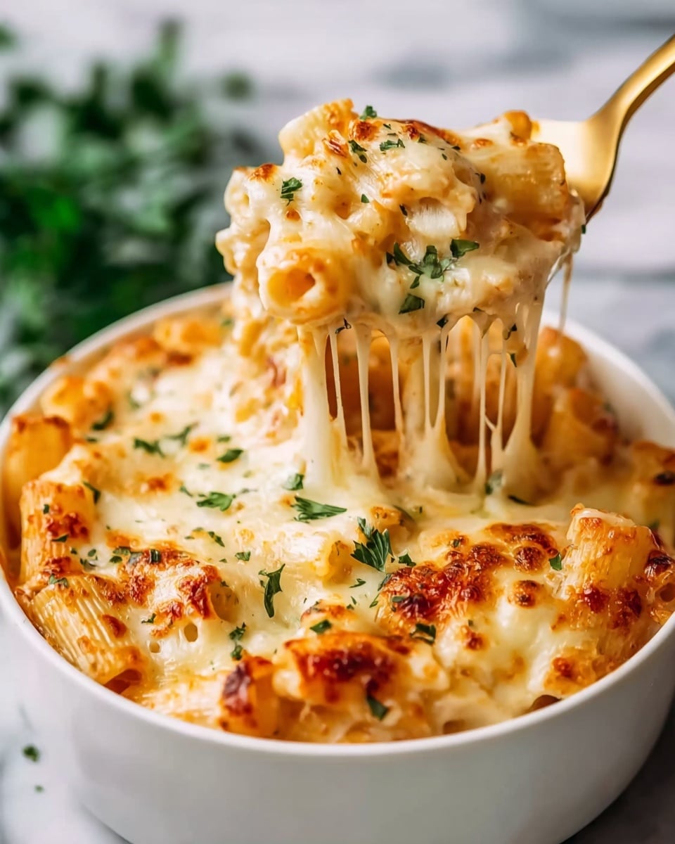 A close-up view of a white bowl filled with baked rigatoni pasta covered in melted, bubbly cheese that stretches as a gold spoon lifts a portion from the bowl, the cheese showing light golden brown spots from baking. The pasta beneath the cheese is a light orange color, suggesting a rich sauce, and chopped green herbs are sprinkled on top, adding contrast. The bowl sits on a white marbled surface, and greenery is softly blurred in the background, emphasizing the creamy, cheesy texture and colors of the dish. Photo taken with an iphone --ar 4:5 --v 7