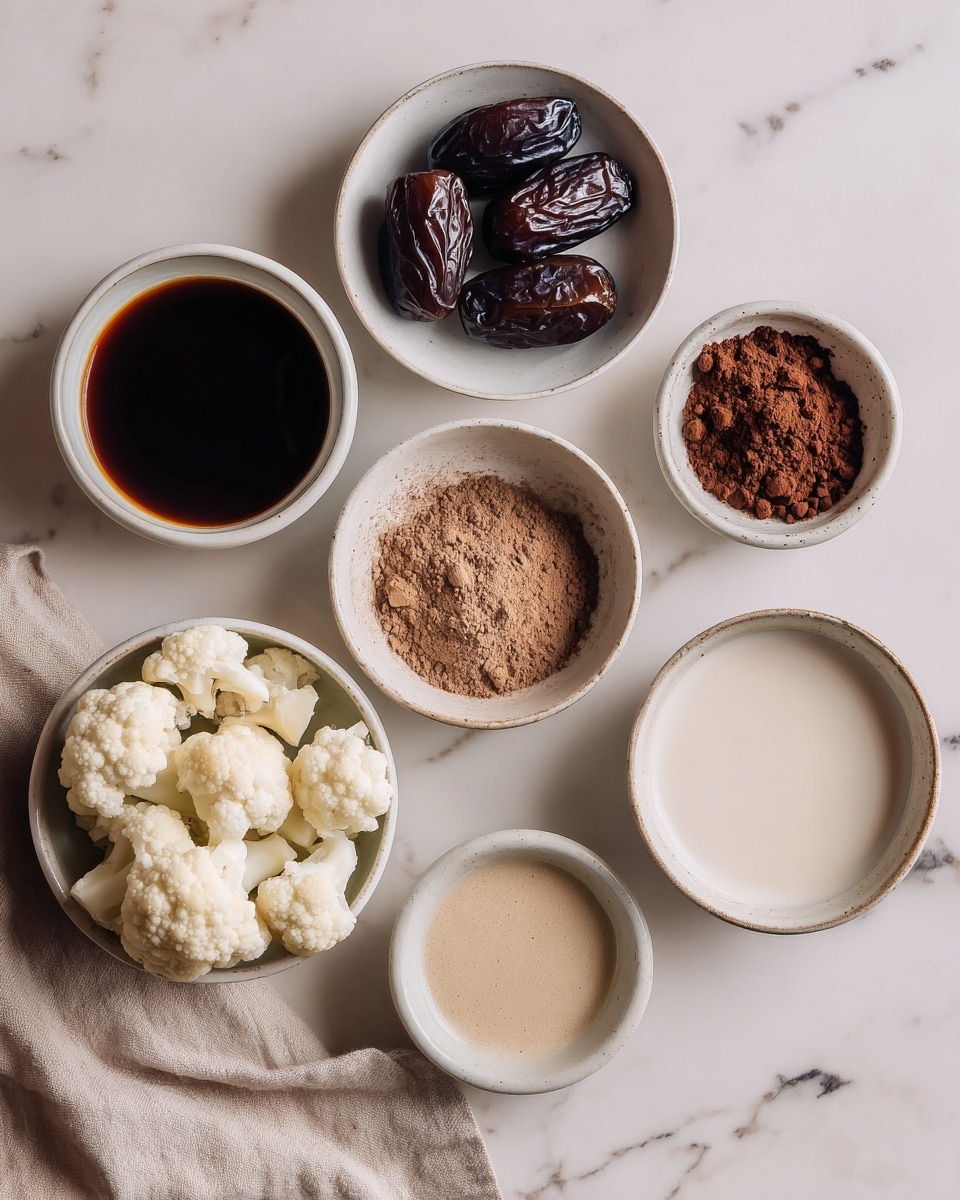 The image shows six small white bowls placed on a white marbled surface with a beige cloth on the lower left side. Each bowl contains different ingredients: one bowl holds dark brown coffee or syrup, another has three dark brown dates, a third bowl contains a small amount of light brown liquid, a larger bowl holds several white cauliflower florets, a fifth bowl is filled with light brown cocoa powder, and the last bowl has whitish liquid, possibly milk or cream. The ingredients are arranged neatly with space between the bowls, creating a clean and simple layout. Photo taken with an iphone --ar 4:5 --v 7