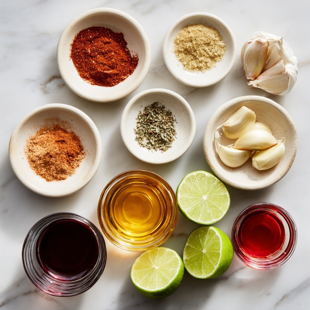 The image shows a white marbled surface with nine small white bowls and two lime halves arranged casually. The bowls contain different ingredients: one has a reddish powdered cumin, another holds two garlic cloves, one has a mix of salt and black pepper, and another shows dried oregano with a greenish texture. There is a small bowl with golden honey, a clear glass with deep red chipotle in adobo sauce, and another clear glass with bright red olive oil. Next to these is a small glass container with dark red wine vinegar and two halves of fresh green limes. Each ingredient is labeled clearly with black text on white labels. photo taken with an iphone --ar 4:5 --v 7