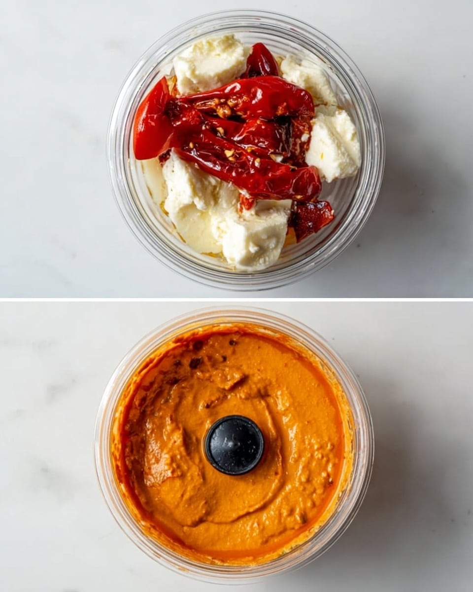 A top view of a small clear round container on a white marbled surface, showing two different stages of a sauce. On the left, the container holds three main layers: large chunks of creamy white cheese on the right side, bright red roasted peppers on the left side, and a whole red chili in the middle on top. On the right, the container now has a smooth, thick orange sauce evenly mixed with a shiny black knob in the center. photo taken with an iphone --ar 4:5 --v 7