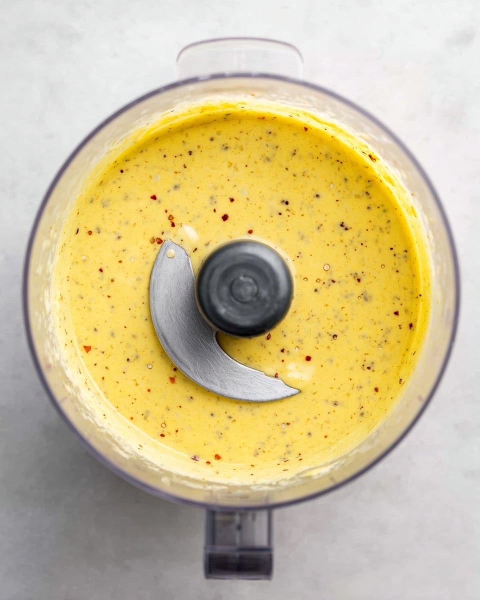 A clear food processor bowl filled with a smooth yellow sauce that has small black and red specks throughout, with a curved silver blade in the center partially covered by the sauce, all placed on a white marbled surface. photo taken with an iphone --ar 4:5 --v 7