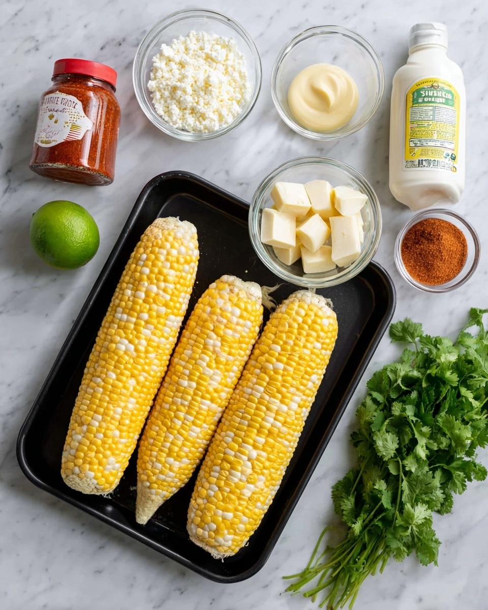 The image shows four ears of yellow and white corn arranged side by side in a black tray placed on a white marbled surface. Around the tray, there are various ingredients neatly placed: a small bottle of red tajin spice on the top left, a small glass bowl of white crumbly cheese below it, a white bowl with several small pieces of pale yellow butter and a garlic clove in the center, a small glass bowl of light yellow mayonnaise-looking sauce on the top right, a green lime near the bottom center right, a bunch of fresh green cilantro on the bottom right, a white bottle of Mexican style cream with a yellow label on the bottom left, and a small clear glass jar of paprika spice near the bottom middle. The arrangement is clean and organized, with all items shown clearly with their textures and colors. photo taken with an iphone --ar 4:5 --v 7