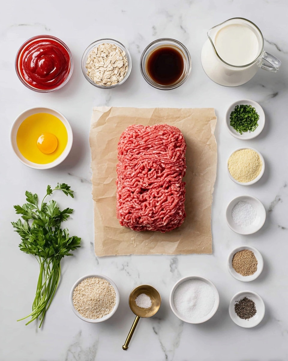 A white marbled surface holds a rectangle of raw ground meat placed on brown parchment paper in the center. Surrounding it are twelve small white bowls and containers arranged neatly, each filled with colorful ingredients: bright red ketchup in a small bowl at the top left, dark brown sauce in a clear bowl next to it, pale yellow powder in another white bowl at the top right, and a clear glass jug filled with white milk in the top far right corner. To the bottom left, there is a bowl with a beaten yellow egg, and next to it, two small bunches of fresh green parsley. Around the meat at the bottom are small bowls of light brown sugar, white breadcrumbs in a gold-handled measuring cup, and various white bowls with white, black, and green dried spices. The setup is clean and bright, styled simply for a clear view of each ingredient. Photo taken with an iphone --ar 4:5 --v 7
