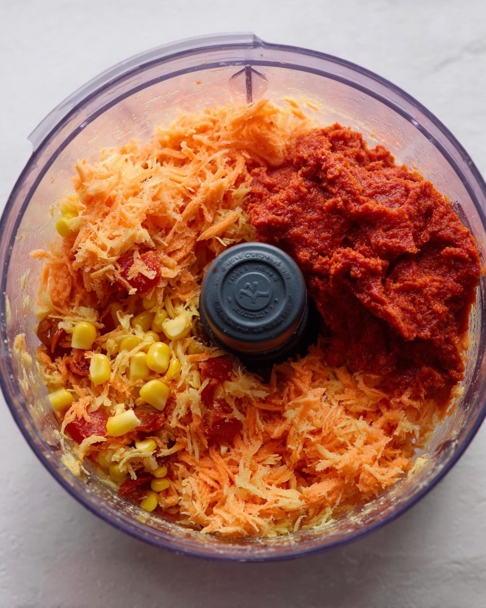 A close-up top view of a food processor bowl filled with a mix of ingredients. The bottom layer is a light orange shredded texture, likely carrots, mixed evenly with small pieces of yellow corn and bits of reddish tomatoes. On the right side, there is a pile of bright red chunky paste, sitting atop the shredded mix. The clear plastic bowl contrasts with a white marbled surface underneath. Photo taken with an iphone --ar 4:5 --v 7