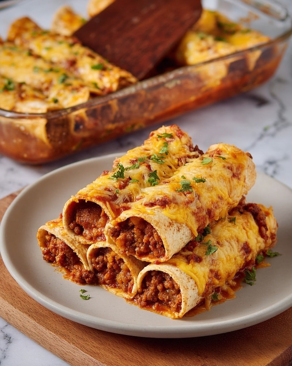 The dish shows six rolled tortillas filled with a brown, crumbly meat mixture, stacked in two layers of three on a white plate. Each roll is covered in melted golden-yellow cheese with some green herb pieces scattered on top. The edges of the tortillas show a slightly toasted texture, and some sauce peeks out beneath the cheese. The background features a white marbled surface with a wooden spatula lifting a portion from a clear glass baking dish filled with more rolled tortillas, also topped with melted cheese. Photo taken with an iphone --ar 4:5 --v 7