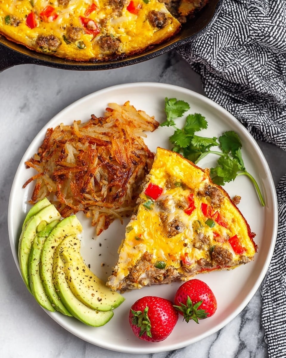 A white plate holds a thick slice of a yellow egg dish filled with small pieces of brown sausage and bits of green and red bell peppers, showing a textured top with melted cheese. To the left of the slice are crispy, golden-brown hash browns with some white soft potato strips visible underneath. On the right side of the plate are three slices of green avocado with a sprinkle of black pepper, accompanied by a small bunch of fresh green cilantro. At the bottom of the plate lie two bright red strawberries with green leafy tops. The plate sits on a white marbled surface, with a black cast iron skillet containing more of the egg dish in the upper right corner and a woman's hand holding a black and white striped cloth nearby. photo taken with an iphone --ar 4:5 --v 7