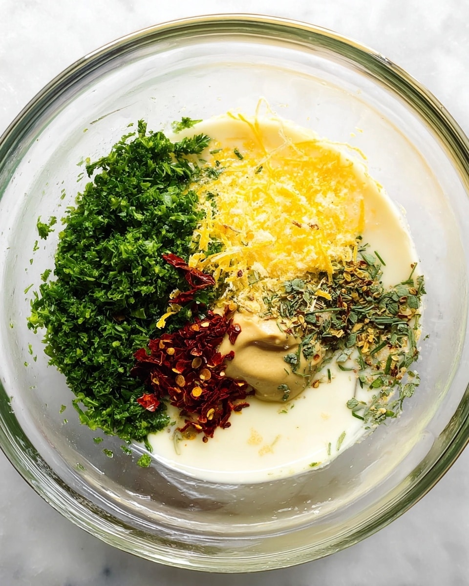A clear glass bowl sits on a white marbled surface filled with a creamy mixture that is light yellow in color with small green and red bits evenly spread throughout. A metal spoon rests inside the bowl, partially covered in the thick mixture, which has a smooth and slightly textured swirl pattern from stirring. The overall look suggests a rich, herby sauce or dressing. Photo taken with an iphone --ar 4:5 --v 7