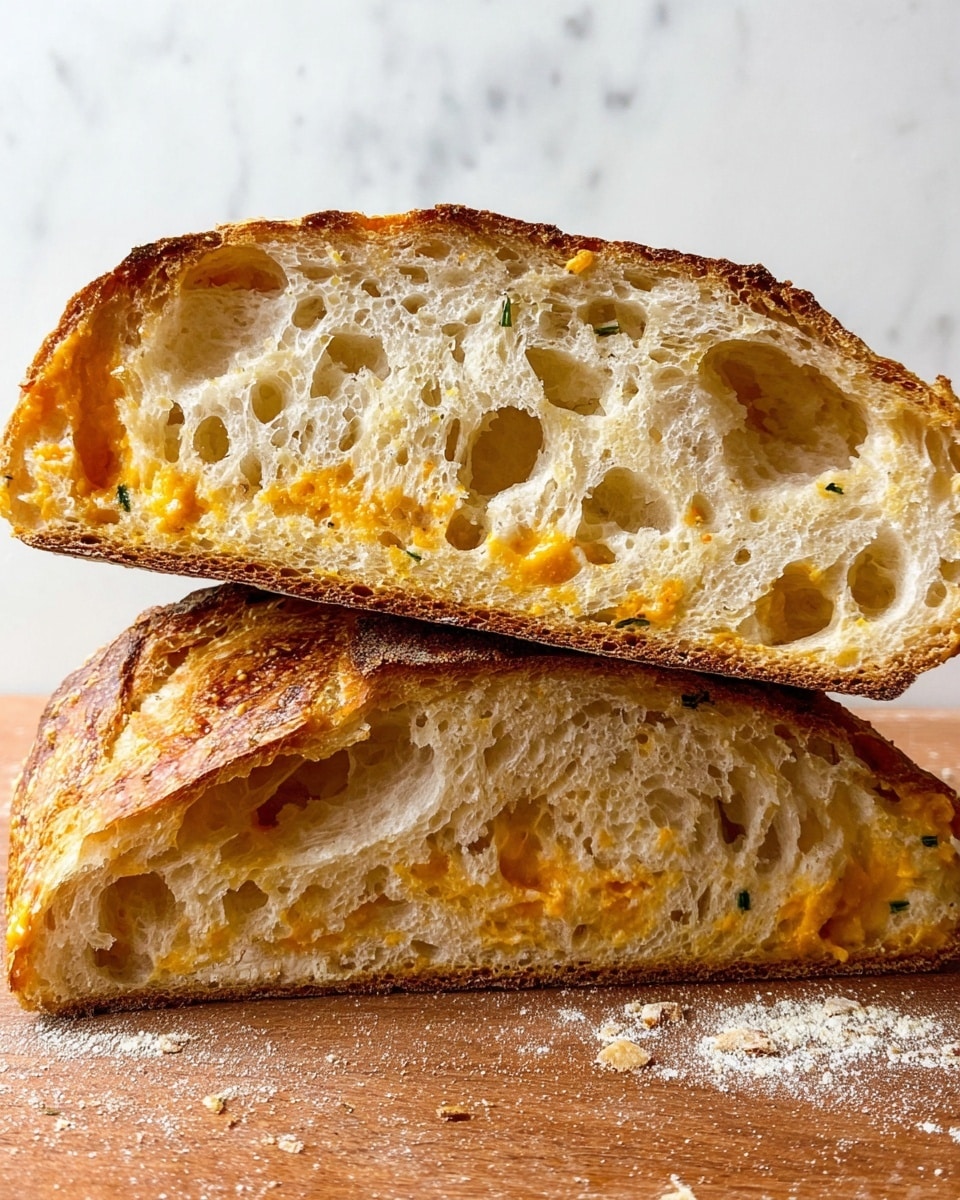 The image shows two large, thick slices of bread stacked on a wooden surface. The bread has a light golden-brown crust with a slightly crispy texture and an airy, porous inside filled with small holes. There are visible layers of melted orange cheese distributed unevenly inside the bread, adding bright spots of color against the cream-white bread crumb. Some herbs are sprinkled within the bread, adding fine green flecks mainly near the top slice. The wooden surface has some crumbs and flour dust scattered around. The background is a clean white marbled texture photo taken with an iphone --ar 4:5 --v 7