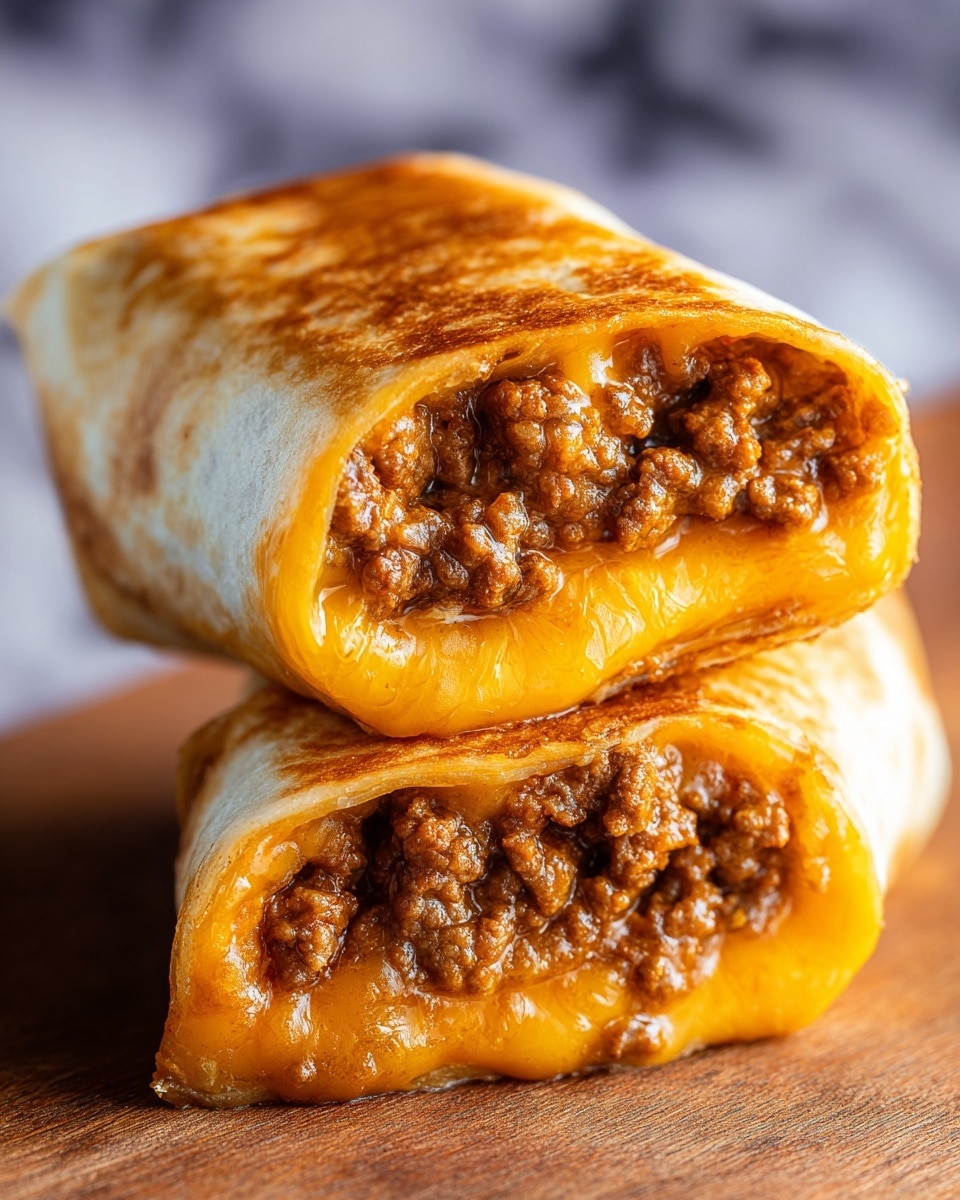 Two burritos stacked on each other on a white marbled surface, both with a golden browned tortilla showing a crispy, slightly shiny texture. Each burrito is cut open to reveal two clear layers inside: the bottom layer is a rich, melted yellow-orange cheese with a smooth, shiny texture, and the top layer is a warm, brown ground meat mix with a moist, chunky texture. The filling looks generous and tightly packed inside the soft tortilla wrap. Photo taken with an iphone --ar 4:5 --v 7