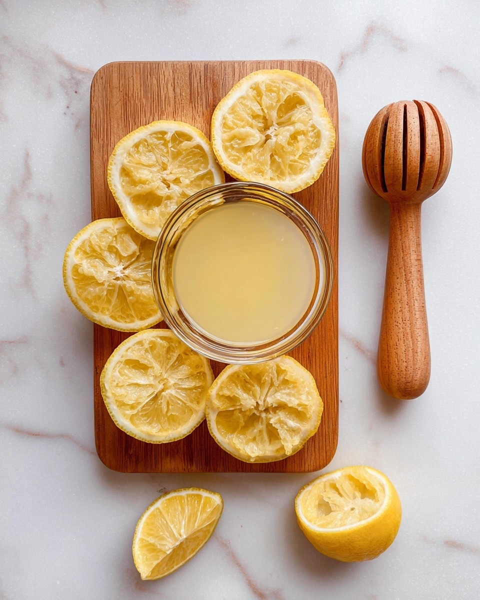 The image shows a wooden cutting board placed on a white marbled surface. On the cutting board, there is a small, clear glass bowl filled with pale yellow lemon juice in the center. Surrounding the bowl are six squeezed lemon halves, showing their textured, bumpy, pale yellow interiors. To the right of the bowl is a wooden lemon juicer with a smooth handle and ridged head. Two additional squeezed lemon halves rest on the white marbled surface just below the cutting board. photo taken with an iphone --ar 4:5 --v 7