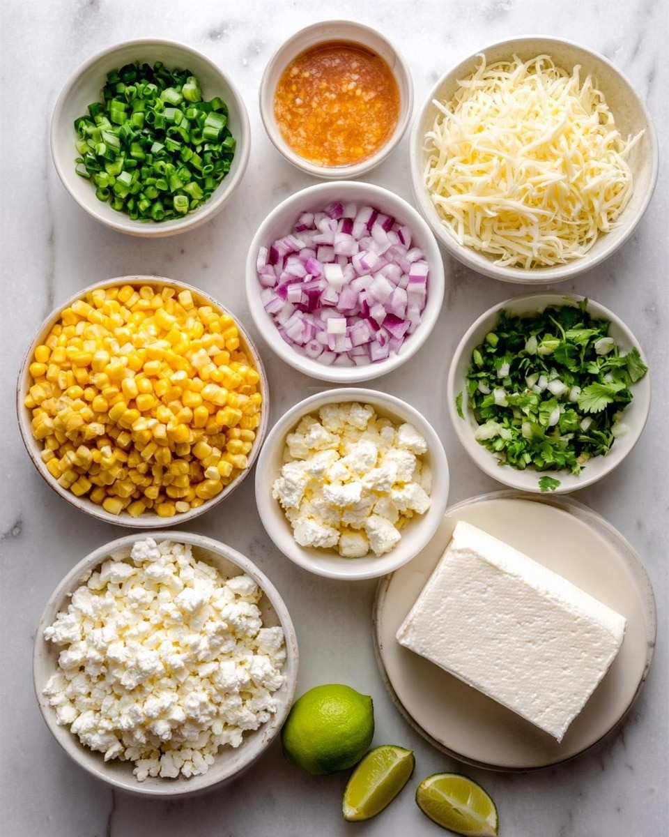 The dish is a creamy cheese dip served in a white bowl on a white marbled surface. It has a smooth, slightly browned melted cheese layer as the base, topped with bright yellow corn kernels scattered evenly. There are also small pieces of white crumbly cheese and bits of finely chopped red onion sprinkled over the top. Several slices of green jalapeno peppers with seeds visible add a touch of green. Large fresh green cilantro leaves cover one side, adding freshness. A few golden crispy tortilla chips are dipped into the cheese on one side of the bowl, with some cheese and corn sticking to them. The photo taken with an iphone --ar 4:5 --v 7