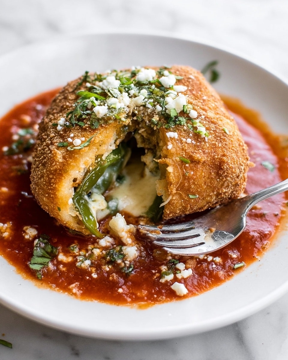 The dish shows one fried item cut open on one side, revealing three layers inside: a green pepper layer in the center surrounded by a creamy white melted cheese layer, all inside a crispy golden-brown fried crust. It is on a white plate with a thick red sauce spread underneath, with small bits of white cheese and green herbs sprinkled on top. A silver fork is near the cut piece, pressing lightly into it. The background is a white marbled texture. photo taken with an iphone --ar 4:5 --v 7