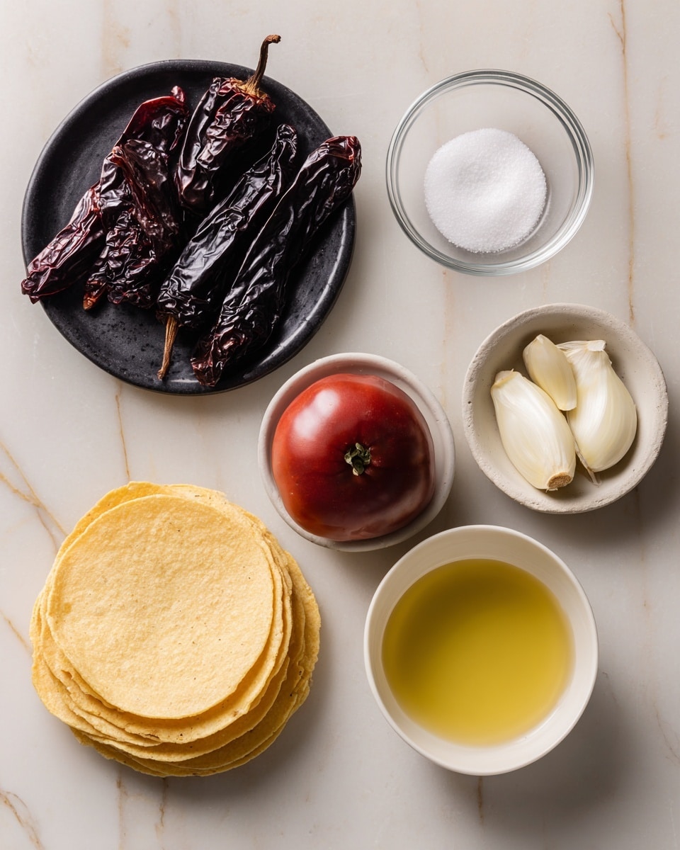 The image shows six small bowls and plates with different ingredients on a white marbled surface. In the top left, a black plate holds several dark red and wrinkled dried chiles. To the top right, a small clear glass bowl contains white salt. Below the salt bowl, a white bowl holds a half tomato in dark red color, one peeled white garlic clove, and one white onion quarter. On the bottom left, there is a small stack of yellow corn tortillas with a smooth texture, placed flat on the surface. Finally, to the bottom right, a white bowl is filled with pale yellow oil. All items are neatly arranged with clear labels, photo taken with an iphone --ar 4:5 --v 7