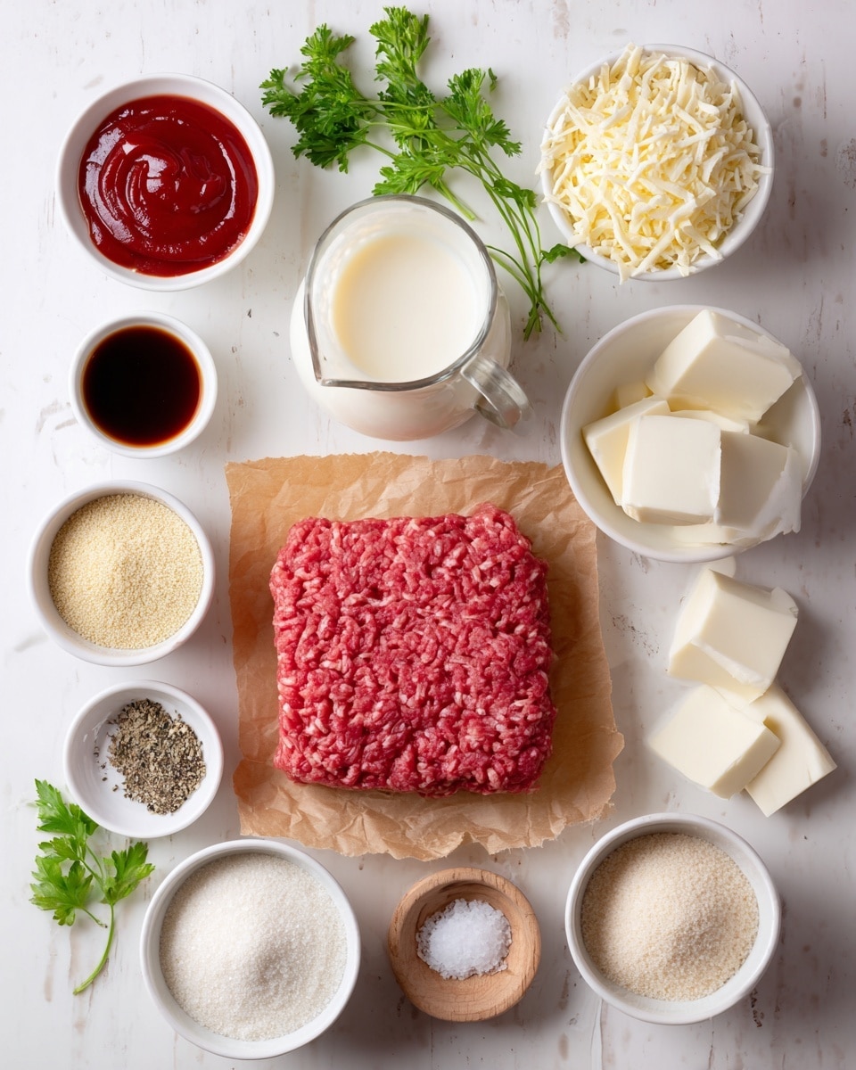 The image shows an arrangement of ingredients on a white marbled surface in a neat layout. At the center, there is a square piece of raw ground beef on brown parchment paper. Surrounding it, clockwise from top left, are small white bowls filled with red ketchup, dark Worcestershire sauce, pale yellow garlic powder, white milk in a clear glass jug, white bowls with salt & pepper, greenish-brown Italian seasoning, light beige onion powder, a wooden scoop filled with white breadcrumbs, a white bowl of light brown brown sugar, round white slices of mozzarella cheese, a small white bowl with a beaten egg, and fresh green parsley leaves near the egg. Each item is clearly separated and labels are shown next to each ingredient. The scene is clean and bright, showcasing the colors and textures of each ingredient distinctly. Photo taken with an iphone --ar 4:5 --v 7