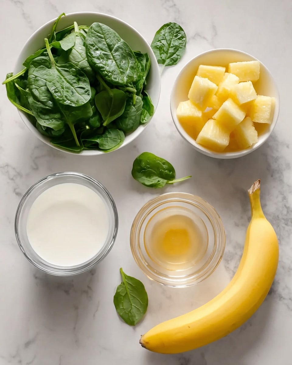 A tall clear glass sits on a round white coaster on a white marbled surface, being filled with a thick, frothy light green smoothie pouring from a transparent blender jug above. Around the glass, there are fresh spinach leaves scattered, a small wooden bowl with black seeds, a small white bowl with orange liquid, and a white bowl filled with bright yellow pineapple chunks. The background is warm orange with a soft, blurred texture, and a mustard yellow cloth is faintly visible. Photo taken with an iphone --ar 4:5 --v 7