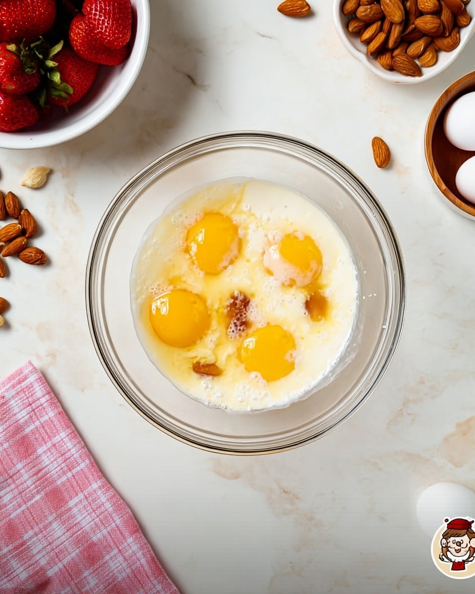 A clear glass mixing bowl sits at the center on a white marbled surface. Inside the bowl, there are four whole raw eggs with bright yellow yolks floating on a layer of white milk along with some light brown syrup drizzled on top. To the left, a white bowl filled with red strawberries is partly visible. On the right side, there are scattered almonds and a round white bowl containing white eggs. A pink and white checkered cloth is folded and placed near the bottom left corner. The photo taken with an iphone --ar 4:5 --v 7