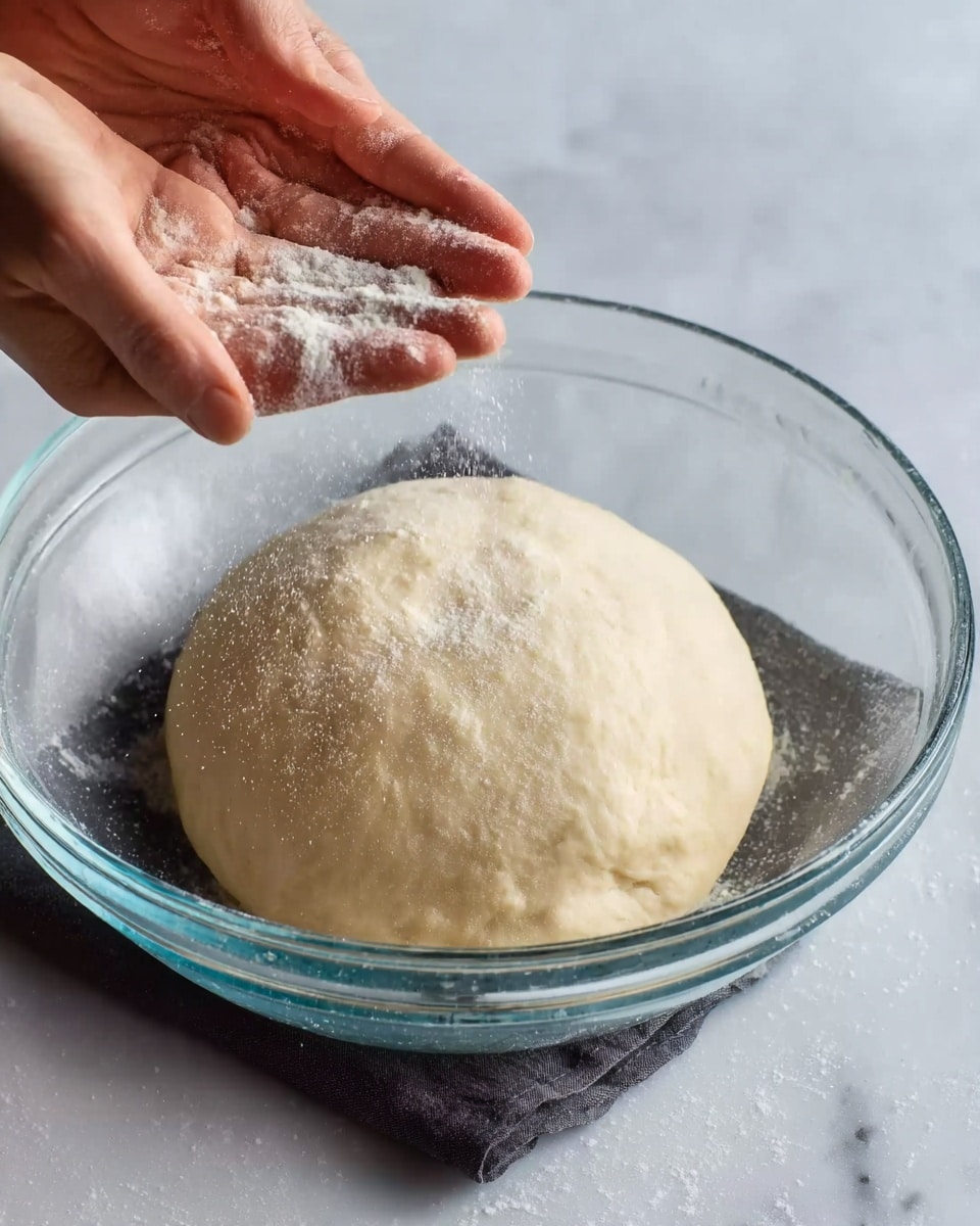 The image shows a clear glass bowl placed on a white marbled surface, containing a smooth, round ball of dough with a light beige color. A woman's hand is gently sprinkling flour over the dough, while another woman's hand steadies the bowl from the side. The dough looks soft and slightly puffy, with a few tiny air bubbles visible on its surface. Photo taken with an iphone --ar 4:5 --v 7