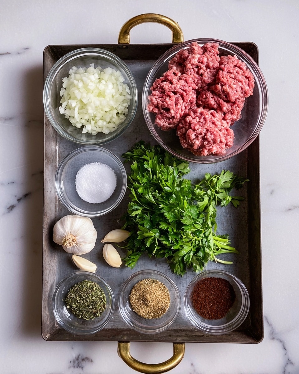 A dark gray metal tray with two golden handles holds an arrangement of clear glass bowls and fresh ingredients on a white marbled surface. In the top left corner, a medium bowl contains finely chopped onions, next to it a smaller bowl has white salt. On the top right, a large bowl is filled with fresh pink ground meat. Below, bright green parsley sits in the center surrounded by four small bowls at the bottom edge with assorted spices in light brown, mixed herbs, red powder, and deep brown paste from left to right. A few peeled white garlic cloves are placed near the parsley on the left side. photo taken with an iphone --ar 4:5 --v 7