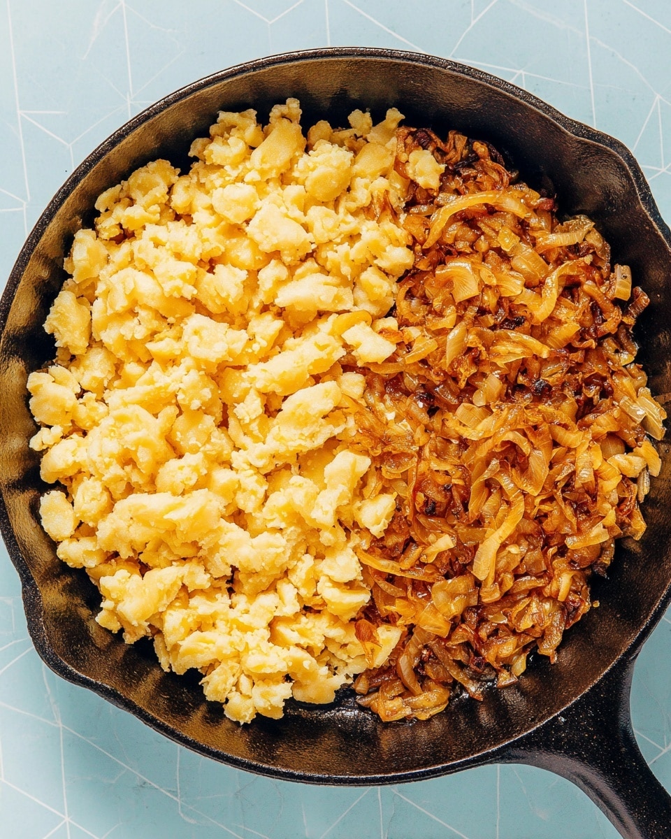 A black cast iron pan filled with two distinct layers of food, the left side showing a pile of light yellow, soft, small dumpling-like pieces with a slightly rough texture, and the right side covered with a layer of caramelized onions in shades of golden brown and orange, appearing soft and glossy. The surface underneath the pan is light blue with a subtle geometric pattern, but the background and surface should be imagined as white marbled texture. photo taken with an iphone --ar 4:5 --v 7