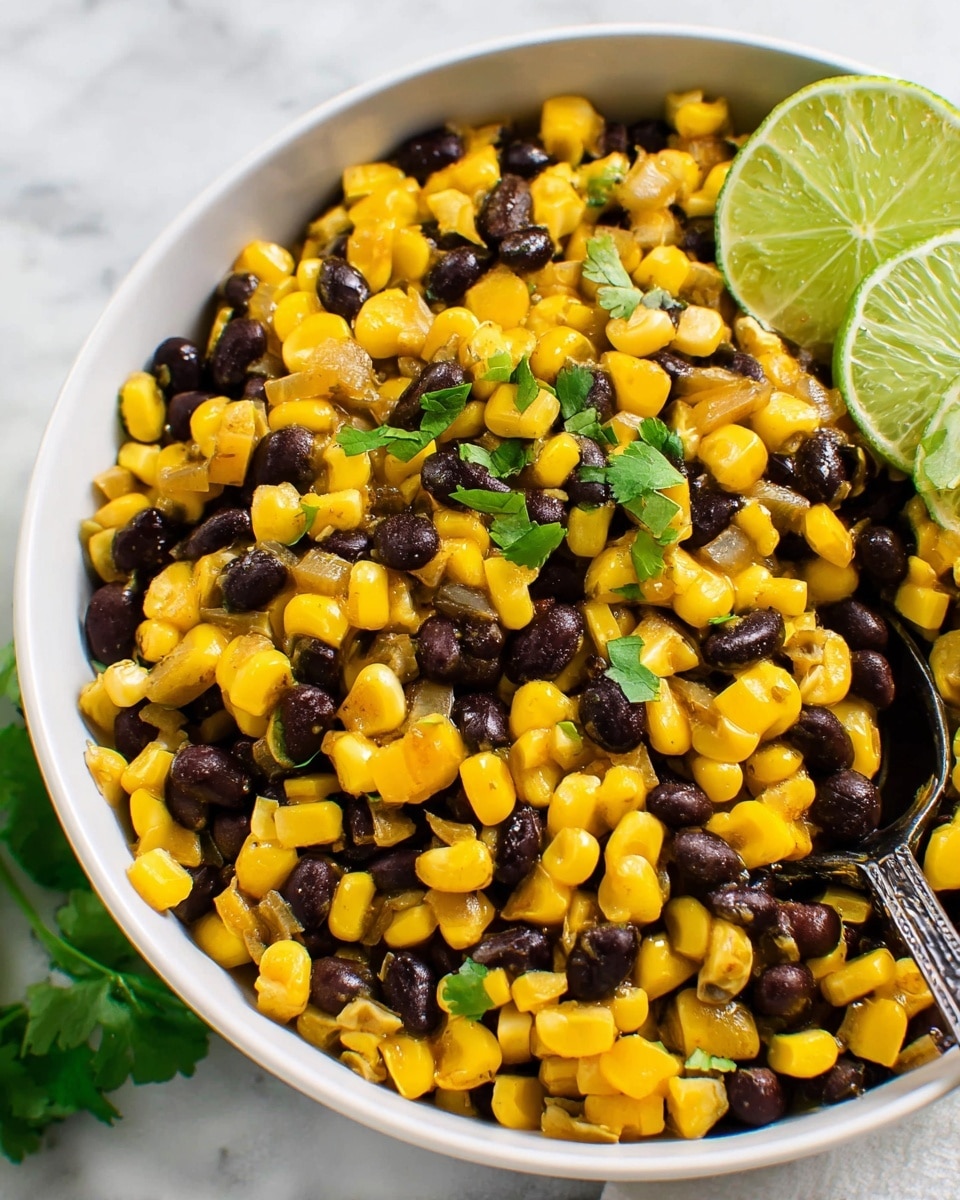The image shows a close-up of a white bowl filled with a colorful dish made of black beans and yellow corn mixed together, creating a bright and rich texture. Small pieces of green herbs and lightly cooked onions are scattered throughout the mixture, adding more texture. On top, there are a few fresh green cilantro leaves placed as garnish. In one corner of the bowl, there are two lime wedges, light green in color, adding freshness. A black metal fork is partly dipped into the food on the right side. The bowl is set on a white marbled surface with a folded cloth nearby. Photo taken with an iphone --ar 4:5 --v 7